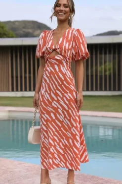 Robe de cocktail orange midi manches bouffantes