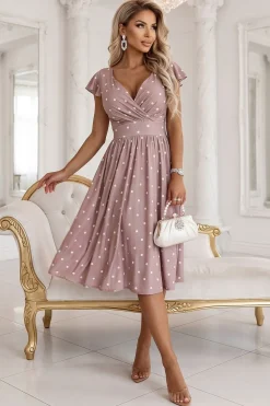 Robe de cocktail rose poudre à pois
