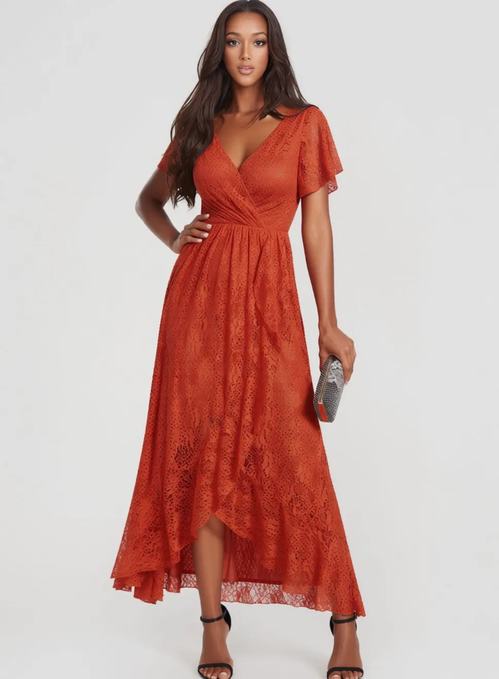 Robe de cocktail terracota en dentelle