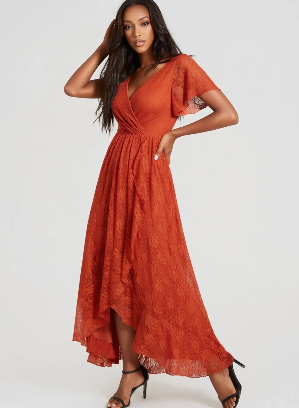 Robe de cocktail terracota en dentelle