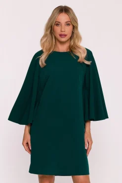 Robe de cocktail verte courte manches longues fluide