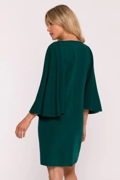 Robe de cocktail verte courte manches longues fluide