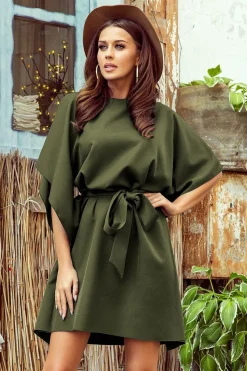 Robe de cocktail verte kaki à ceinture