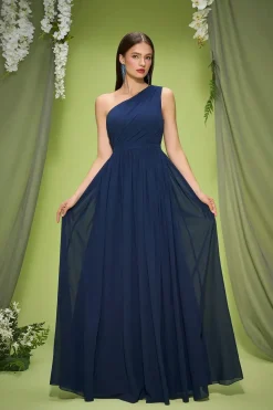 Robe de demoiselle d'honneur bleu foncé à une épaule