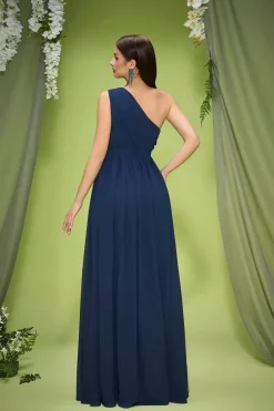 Robe de demoiselle d'honneur bleu foncé à une épaule