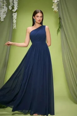 Robe de demoiselle d'honneur bleu foncé à une épaule
