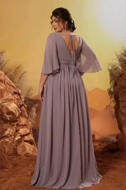 Robe de demoiselle d'honneur taupe grande taille manches mi-longues