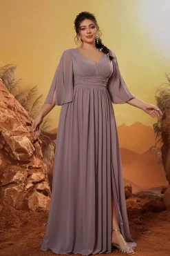 Robe de demoiselle d'honneur taupe grande taille manches mi-longues