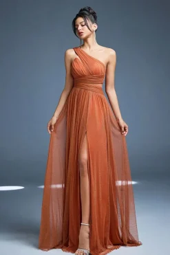 Robe de demoiselle d'honneur terracotta à une épaule et fente haute
