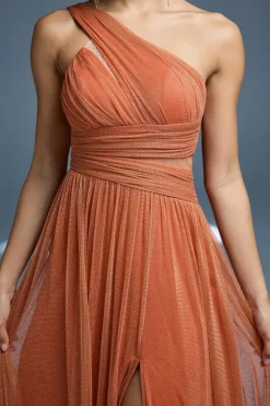Robe de demoiselle d'honneur terracotta à une épaule et fente haute