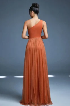 Robe de demoiselle d'honneur terracotta à une épaule et fente haute