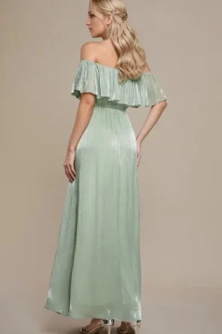 Robe de demoiselle d'honneur verte sauge épaules dénudées à volants