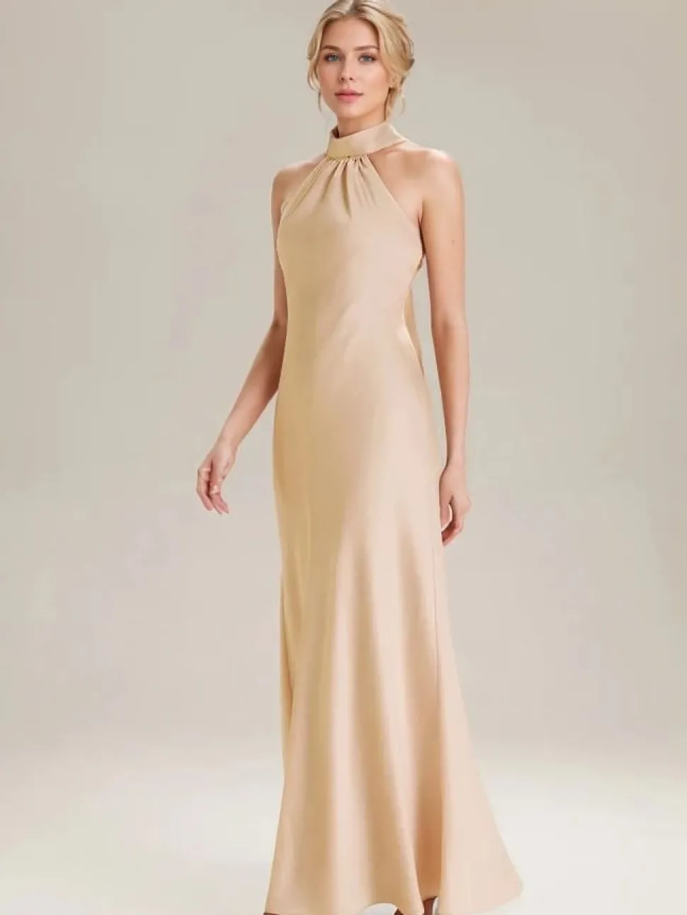 Robe de demoiselles d'honneur longue sans manches couleur champagne