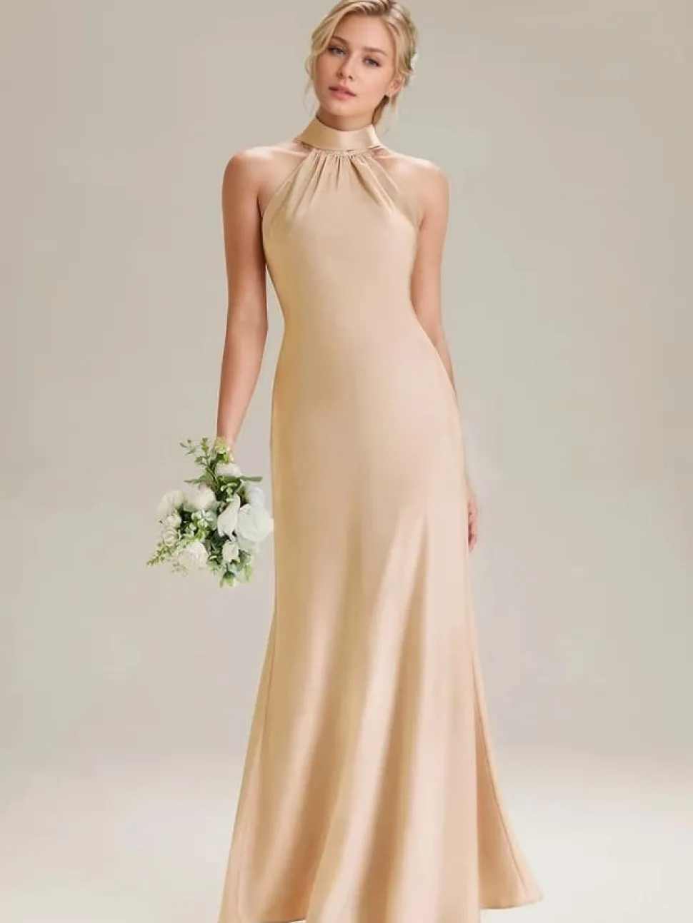 Robe de demoiselles d'honneur longue sans manches couleur champagne