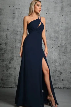 Robe de gala longue bleue marine avec fente