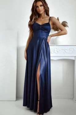 Robe de gala longue fendue en satin bleu