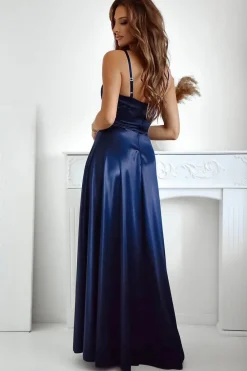 Robe de gala longue fendue en satin bleu
