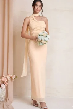 Robe demoiselle d'honneur beige longue moulante