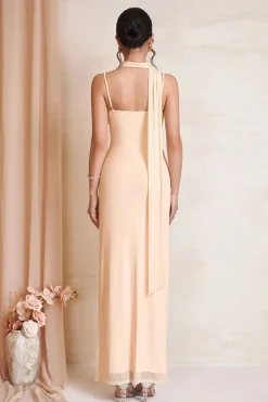 Robe demoiselle d'honneur beige longue moulante