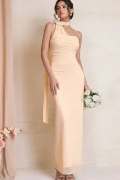 Robe demoiselle d'honneur beige longue moulante