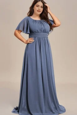 Robe demoiselle d'honneur bleue grande taille manches courtes