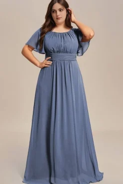 Robe demoiselle d'honneur bleue grande taille manches courtes