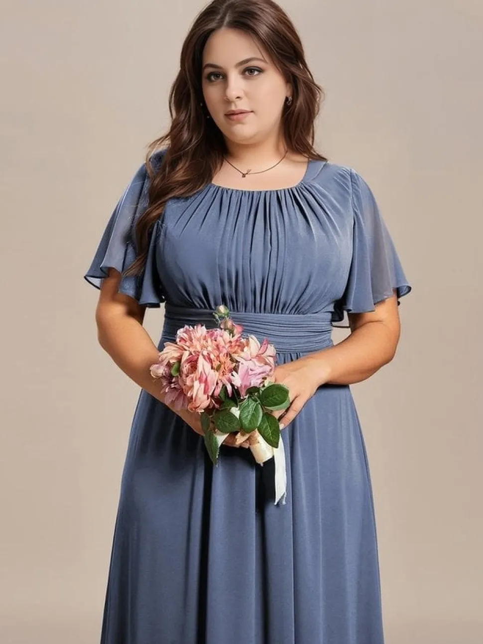 Robe demoiselle d'honneur bleue grande taille manches courtes