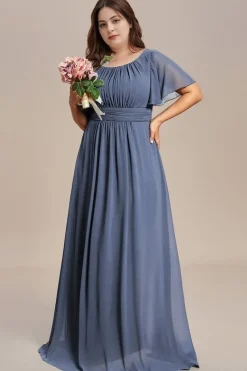 Robe demoiselle d'honneur bleue grande taille manches courtes