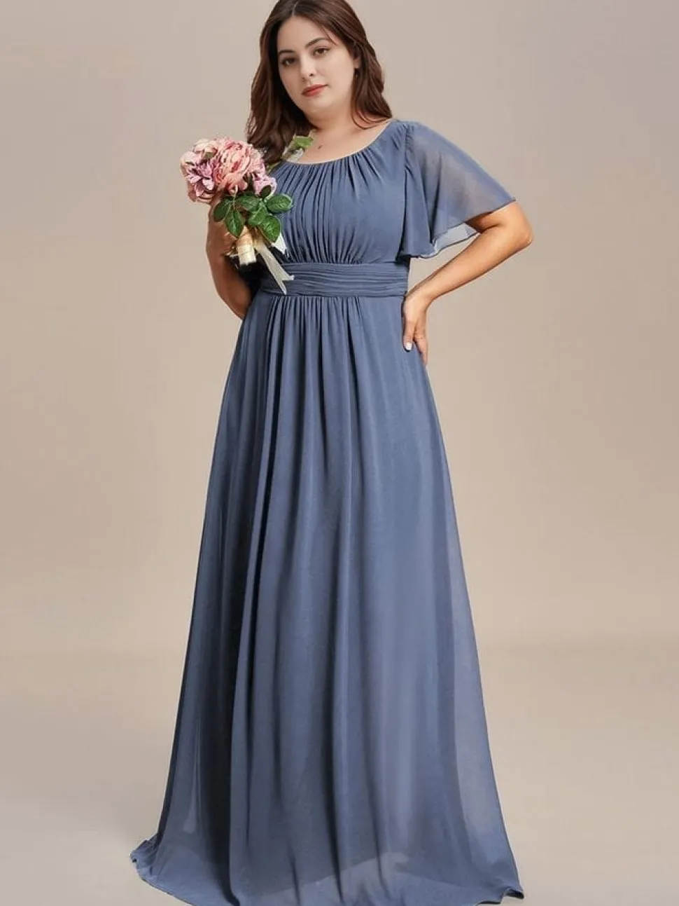 Robe demoiselle d'honneur bleue grande taille manches courtes
