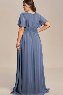 Robe demoiselle d'honneur bleue grande taille manches courtes