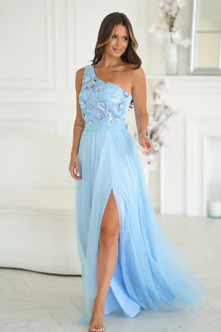 Robe demoiselle d'honneur bleue longue asymétrique