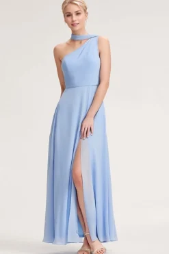 Robe demoiselle d'honneur bleue à une épaule