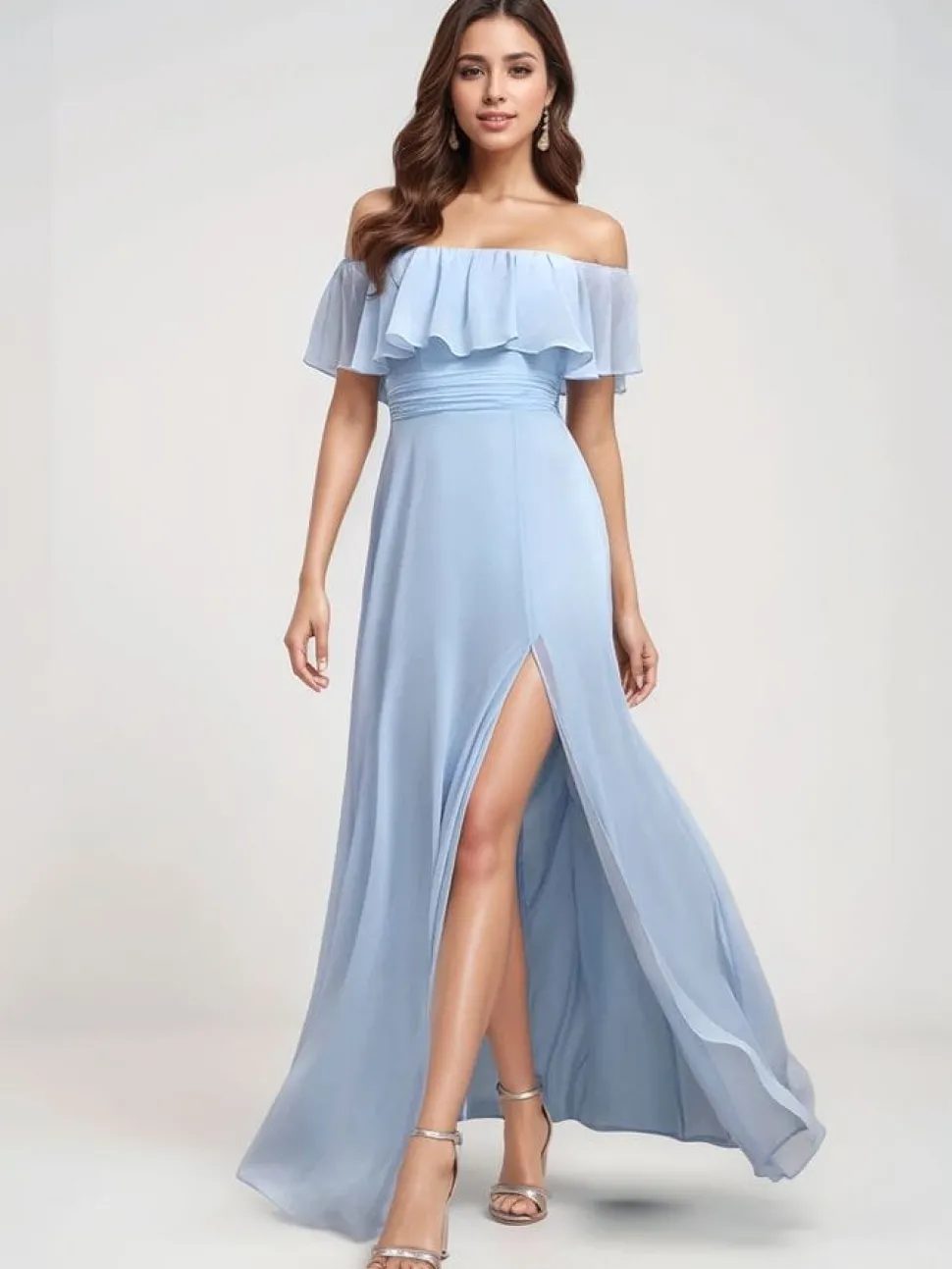 Robe demoiselle d'honneur bleue longue épaules dénudées