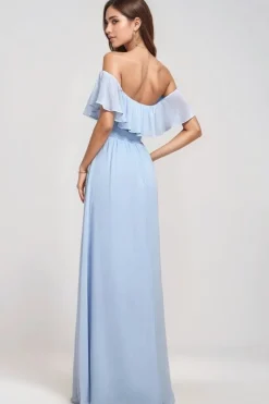 Robe demoiselle d'honneur bleue longue épaules dénudées