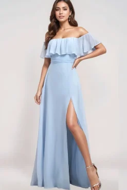 Robe demoiselle d'honneur bleue longue épaules dénudées