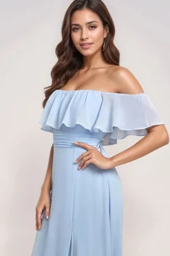 Robe demoiselle d'honneur bleue longue épaules dénudées