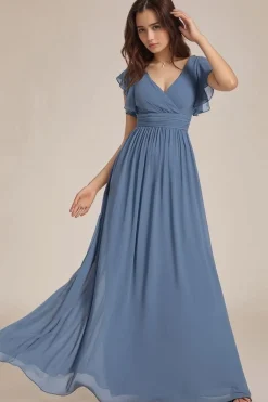 Robe demoiselle d'honneur bleue longue avec ceinture et volants