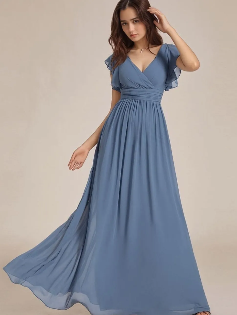 Robe demoiselle d'honneur bleue longue avec ceinture et volants