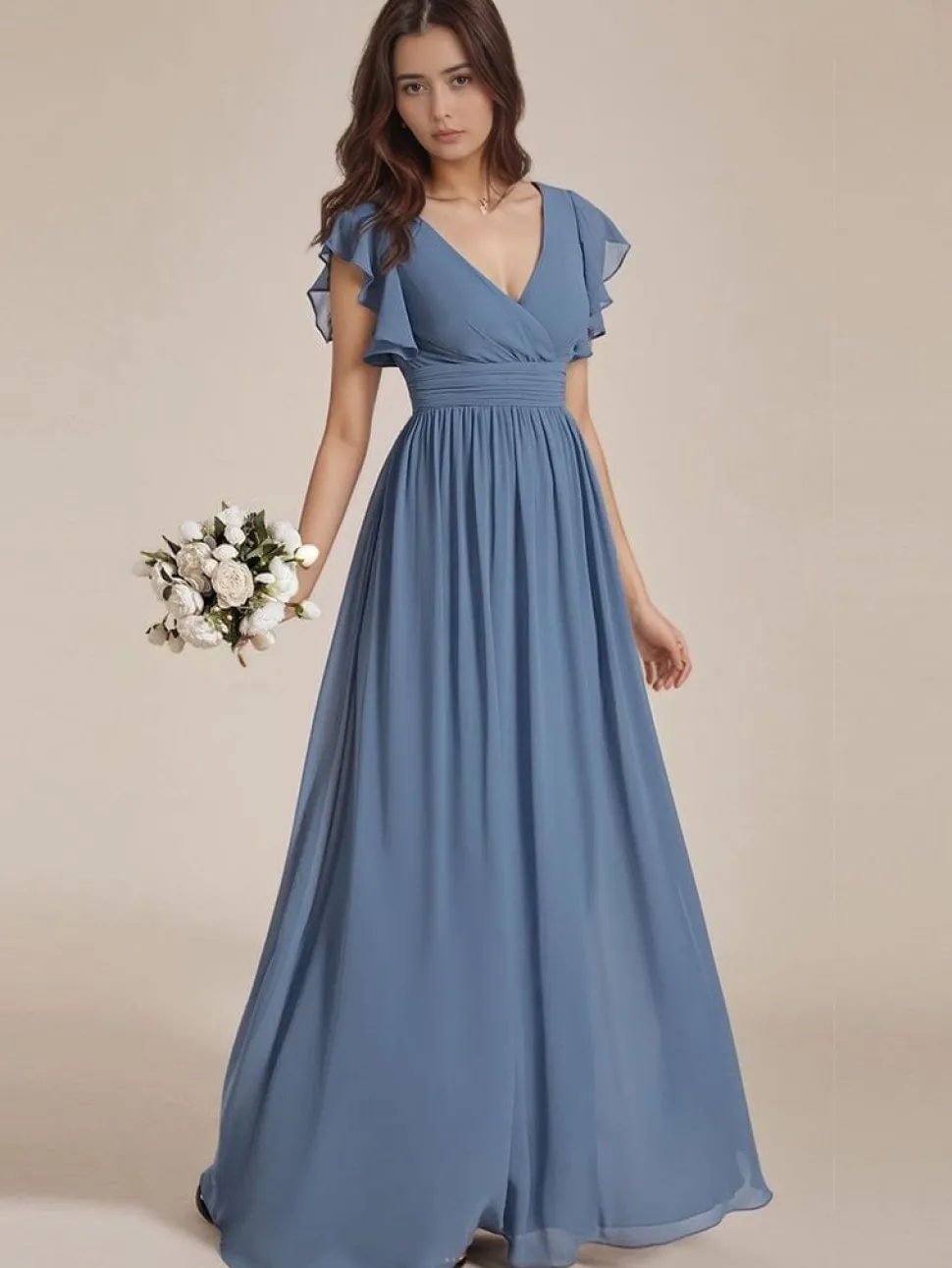 Robe demoiselle d'honneur bleue longue avec ceinture et volants