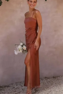 Robe demoiselle d'honneur fendue terracotta
