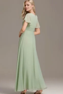 Robe demoiselle d'honneur longue drappée vert sauge fluide