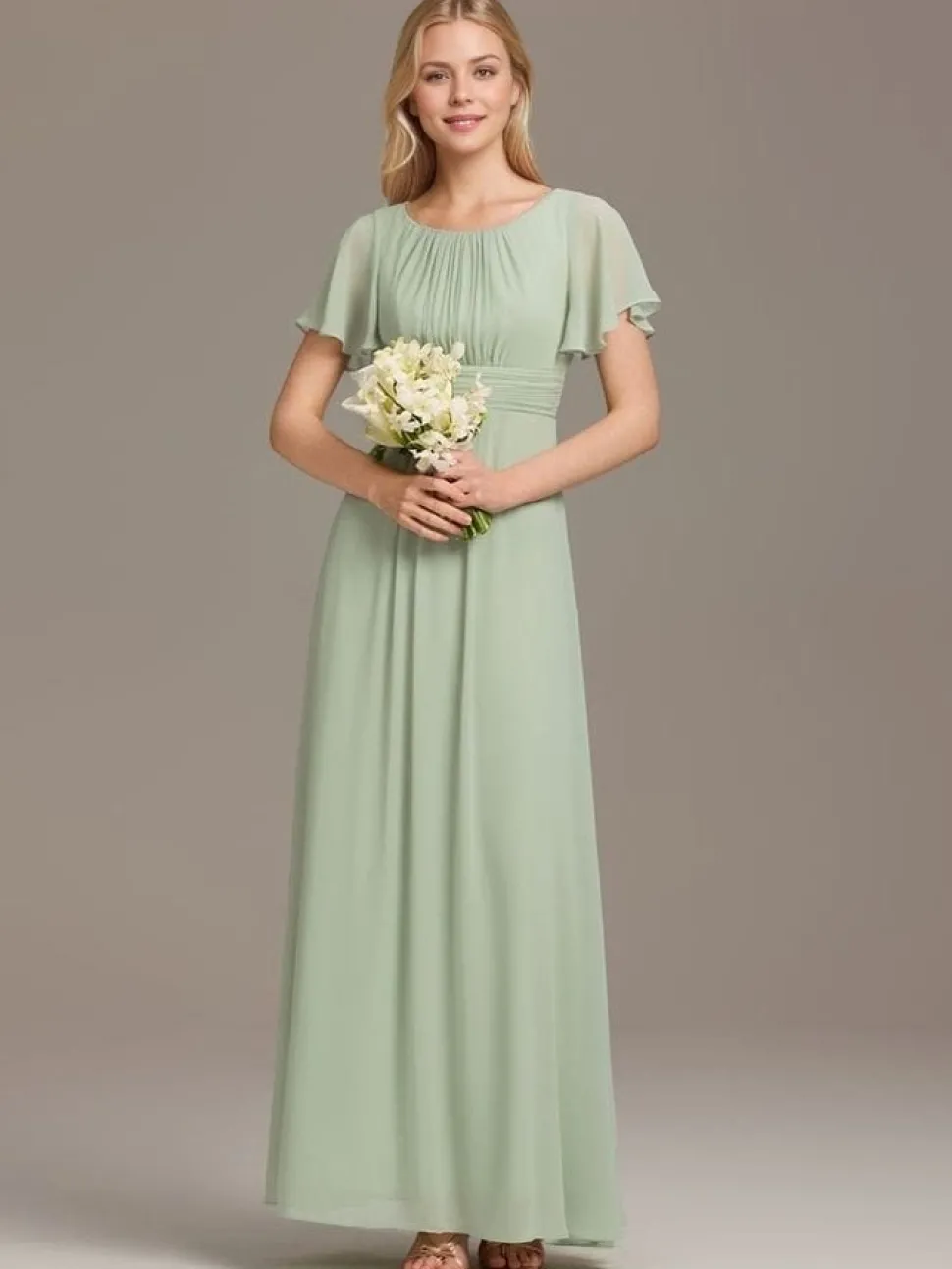 Robe demoiselle d'honneur longue drappée vert sauge fluide