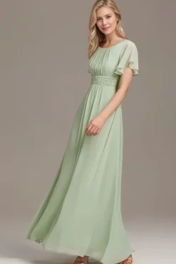 Robe demoiselle d'honneur longue drappée vert sauge fluide
