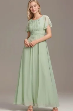 Robe demoiselle d'honneur longue drappée vert sauge fluide