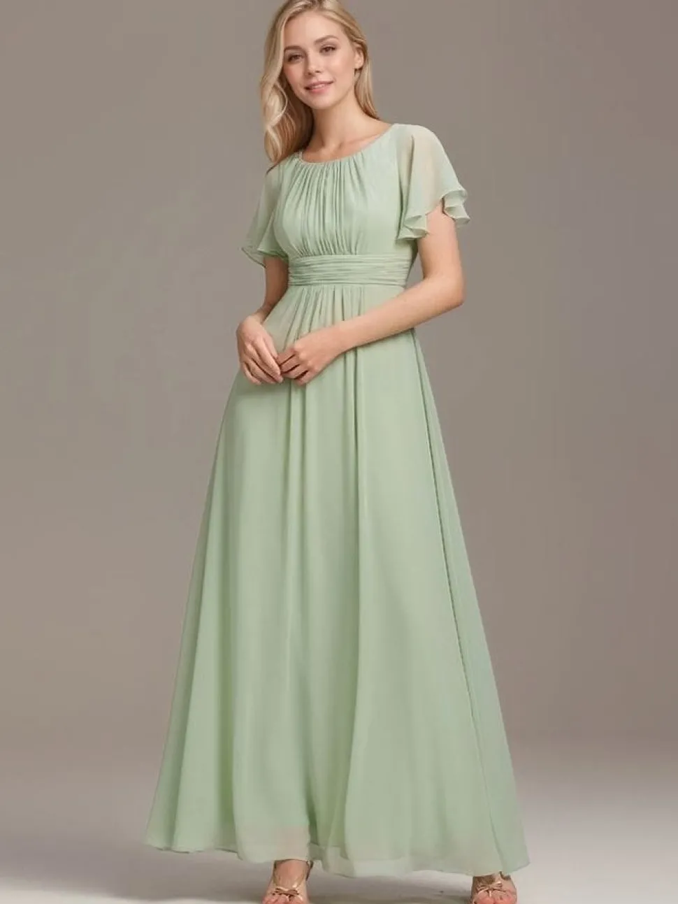 Robe demoiselle d'honneur longue drappée vert sauge fluide