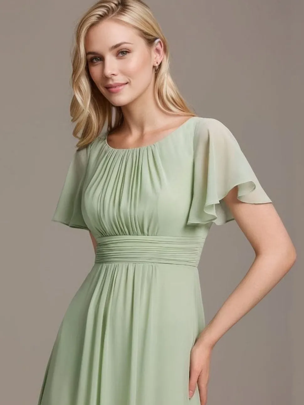 Robe demoiselle d'honneur longue drappée vert sauge fluide