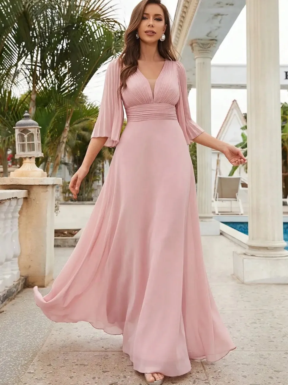 Robe demoiselle d'honneur longue rose poudré