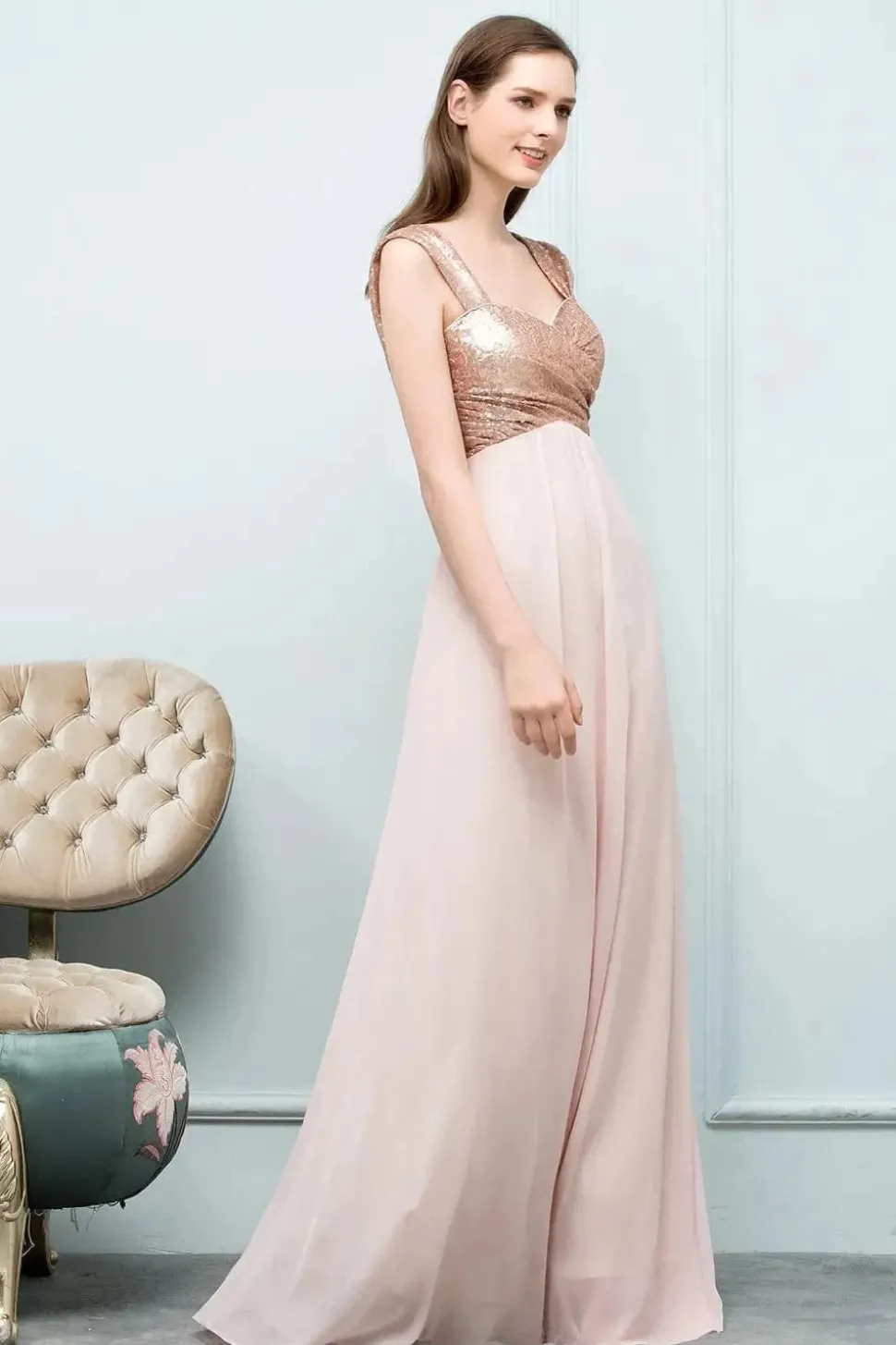 Robe demoiselle d'honneur rose poudré haut doré