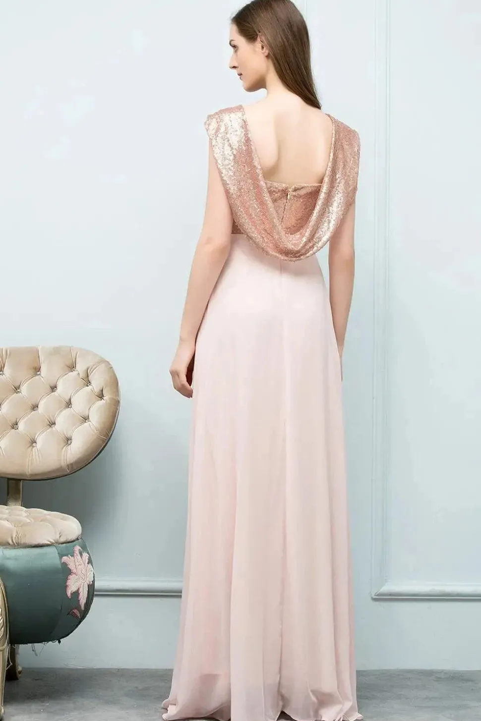 Robe demoiselle d'honneur rose poudré haut doré