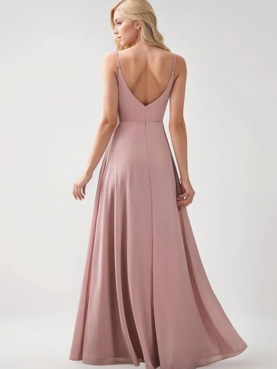 Robe demoiselle d'honneur rose poudrée avec fente haute